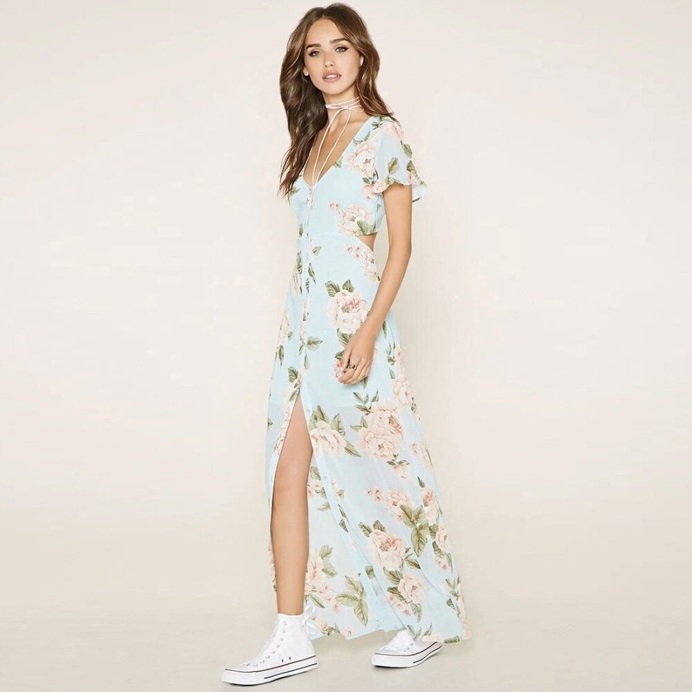 Forever 21, Floral Blue Dress Cut Out Back , Size Small